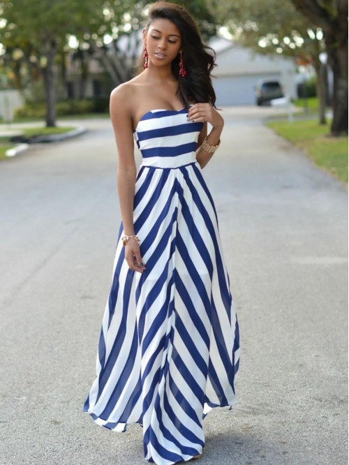 Blue and White Floor-Length High-Waist Stripe Dres...