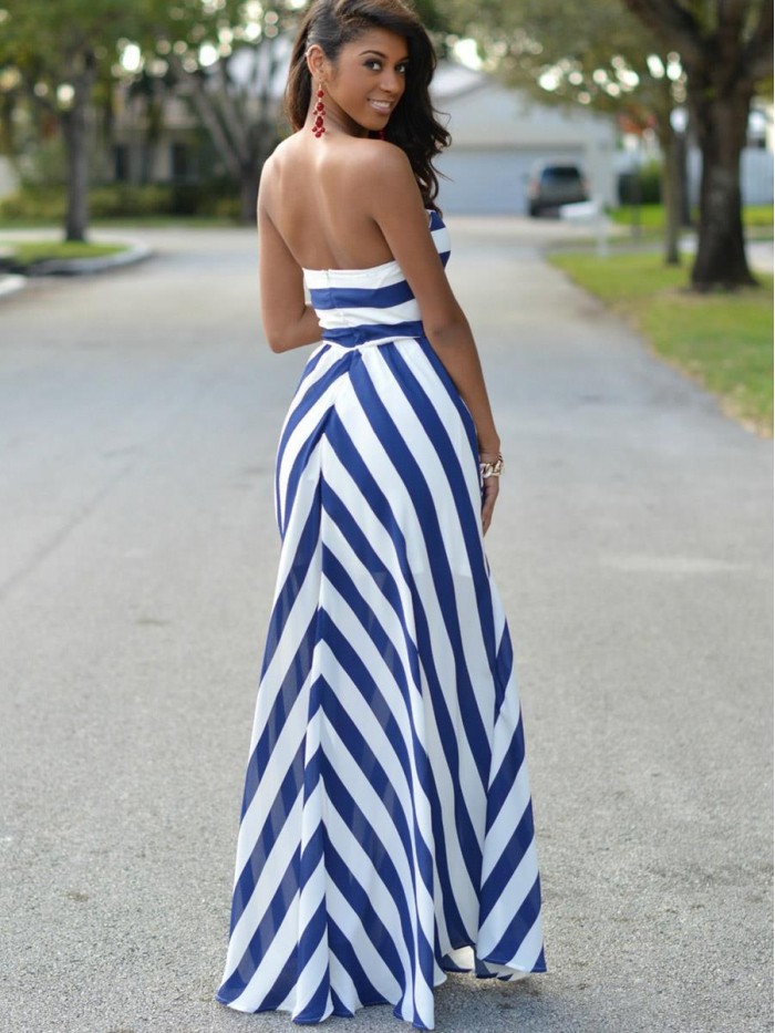 Blue and White Floor-Length High-Waist Stripe Dress