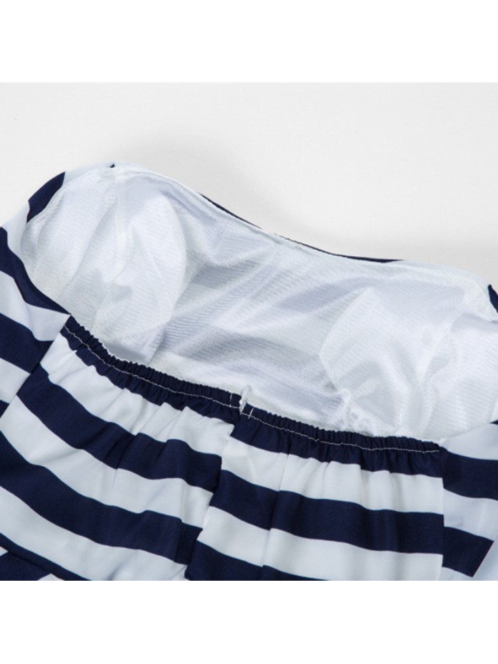 Blue and White Floor-Length High-Waist Stripe Dress