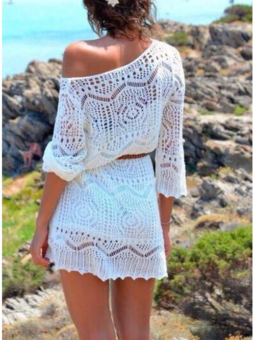White Beach Hollowed-out  Above Knee Dress