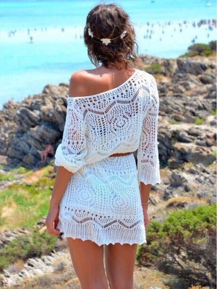 White Beach Hollowed-out  Above Knee Dress
