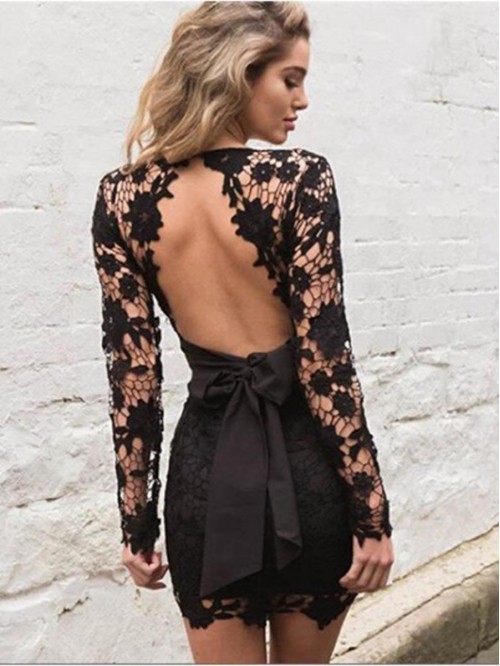black/pink Above Knee lace Long Sleeve Bodycon bac...