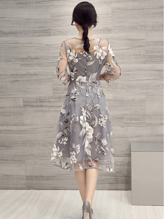 Cute Gray Three-Quarter Sleeves High-Waist Floral Dress