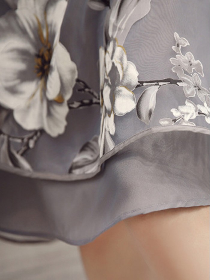 Cute Gray Three-Quarter Sleeves High-Waist Floral Dress