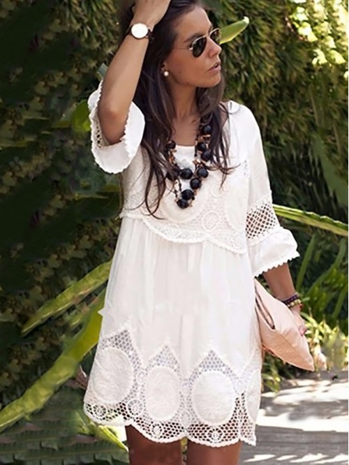 Pure White Half Sleeve Lace Hollowed-Out Loose Dre...