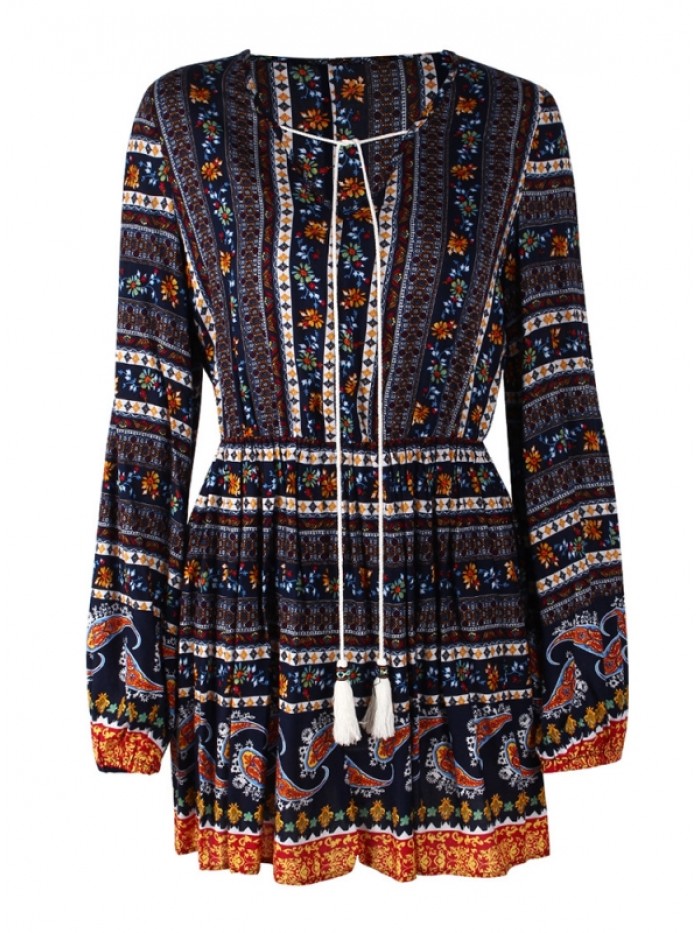 Bohemian Above Knee Floral Casual V-Neck Long Sleeve Dress