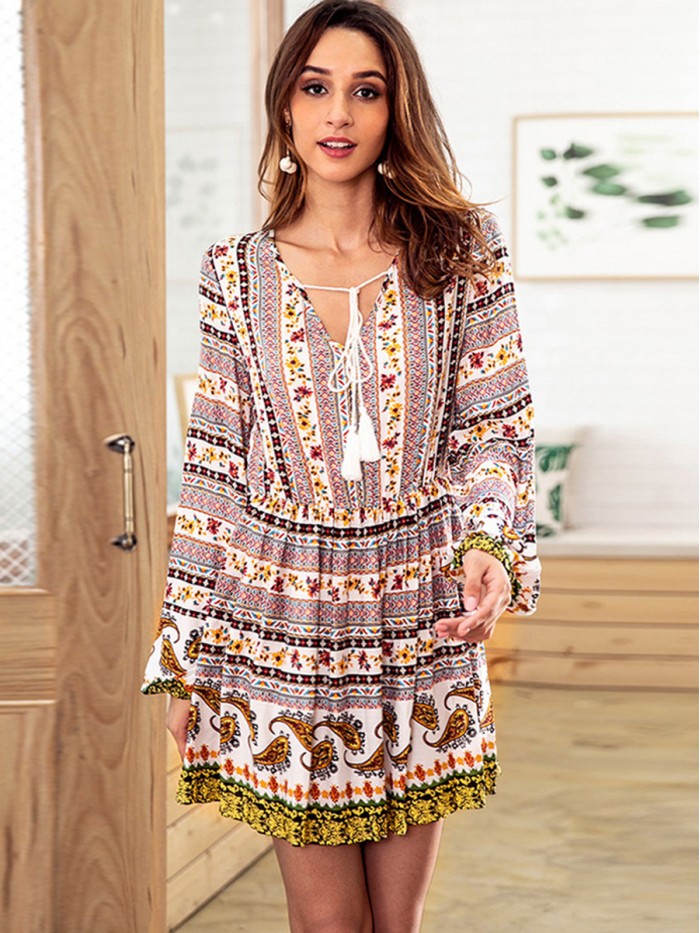 Bohemian Above Knee Floral Casual V-Neck Long Sleeve Dress