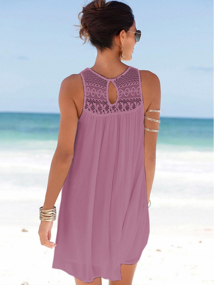 Beach White/Purple/Black Sleeveless Patchwork Hollowed-Out  Dress