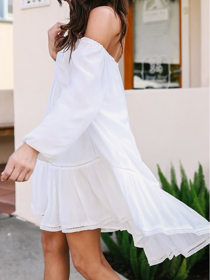 Cute Pure White Knee-Length Long Sleeve Off-the-Shoulder Dress