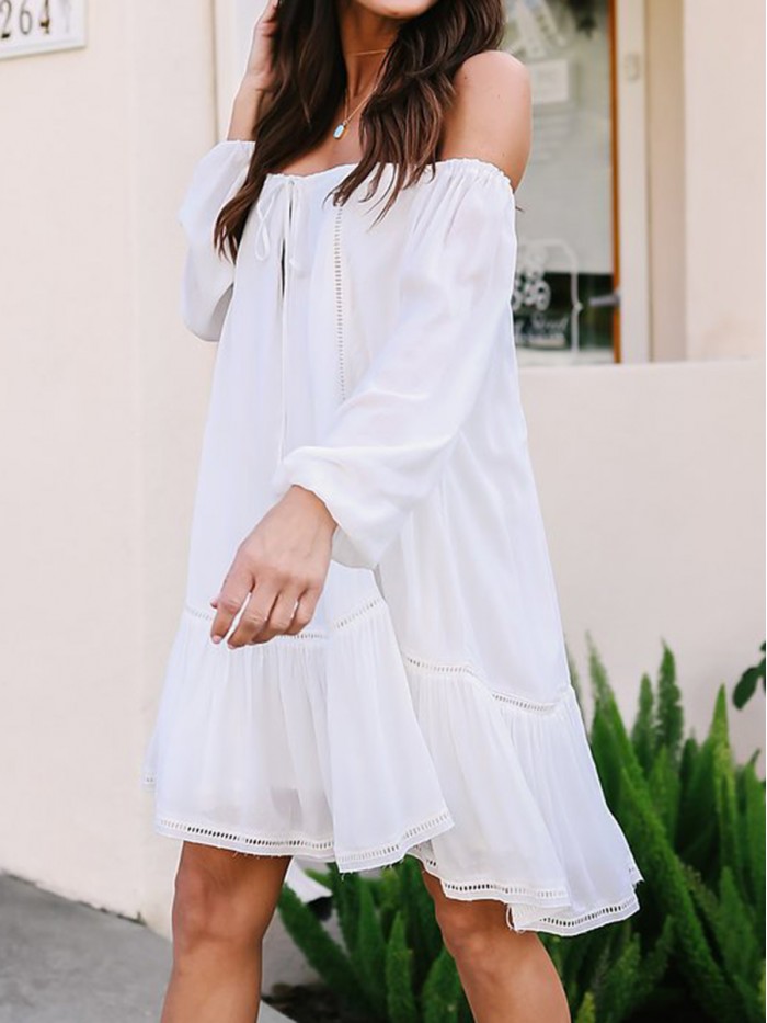 Cute Pure White Knee-Length Long Sleeve Off-the-Shoulder Dress