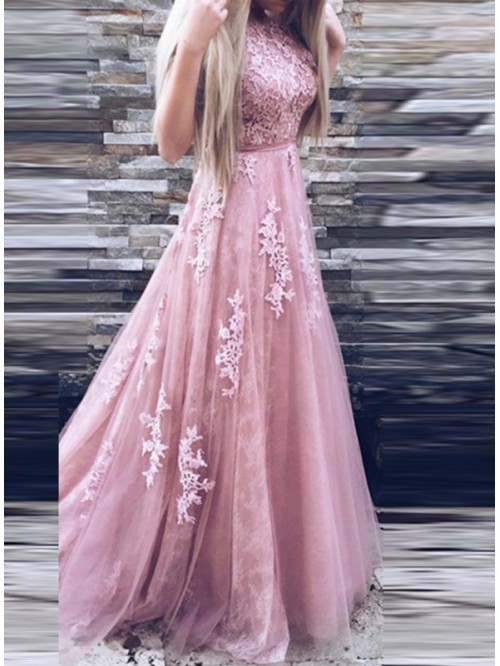 Cute Pink Lace Patchwork High-Waist floral Dress