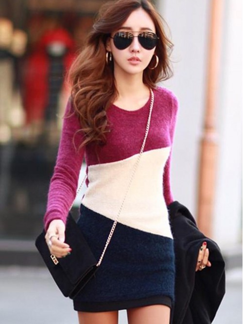 Color Block Patchwork Round Neck Long Sleeves Swea...