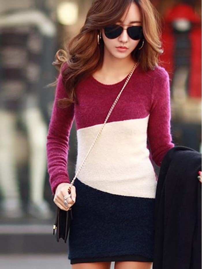 Color Block Patchwork Round Neck Long Sleeves Sweater Dress