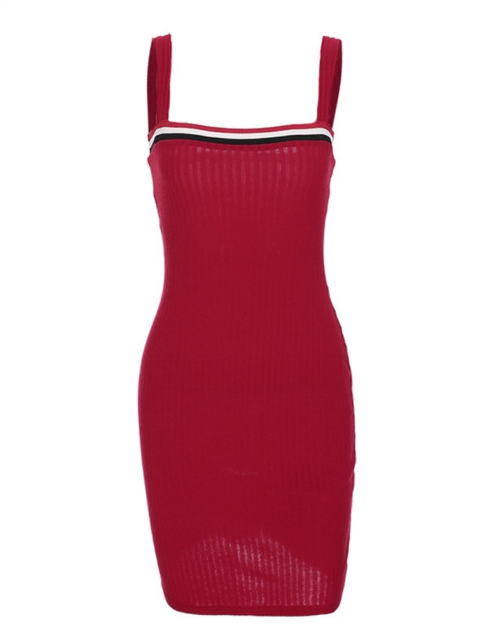 Red Sleeveless Solid Color Bodycon Sweater Dress