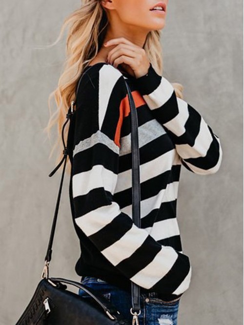 Black And White Stripes Round Neck Long Sleeve T-S...