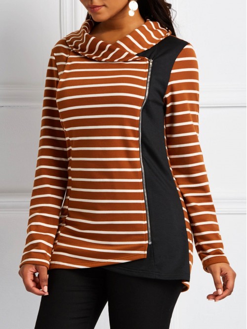 Brown Long-Sleeved Striped Loose-Fitting T-Shirt