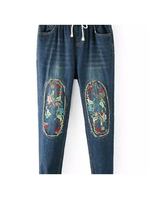 Casual Floral Embroidery Elastic Waist Denim Jeans