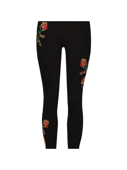 Black Floral Embroidery High Waist Skinny jeans