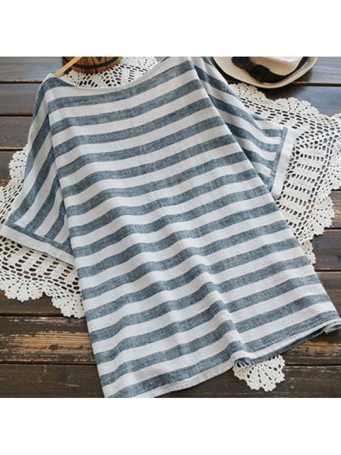 Gray Short Sleeve Round neck Loose Striped Blouse