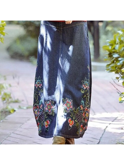 Casual Floral Embroidery Loose Denim Skirt